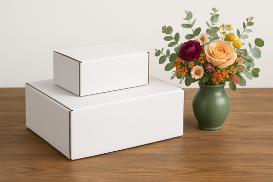 2 white closed mailer boxes sitting on a medium tone wooden table top one above the other. Next to these boxes is a green vase with a beautiful flower arrangement . The dimensions of the first box is 10in long 6 in wide and 3 inches high. The dimensions of the second box is 12in long, 9 in wide and 4 in high.