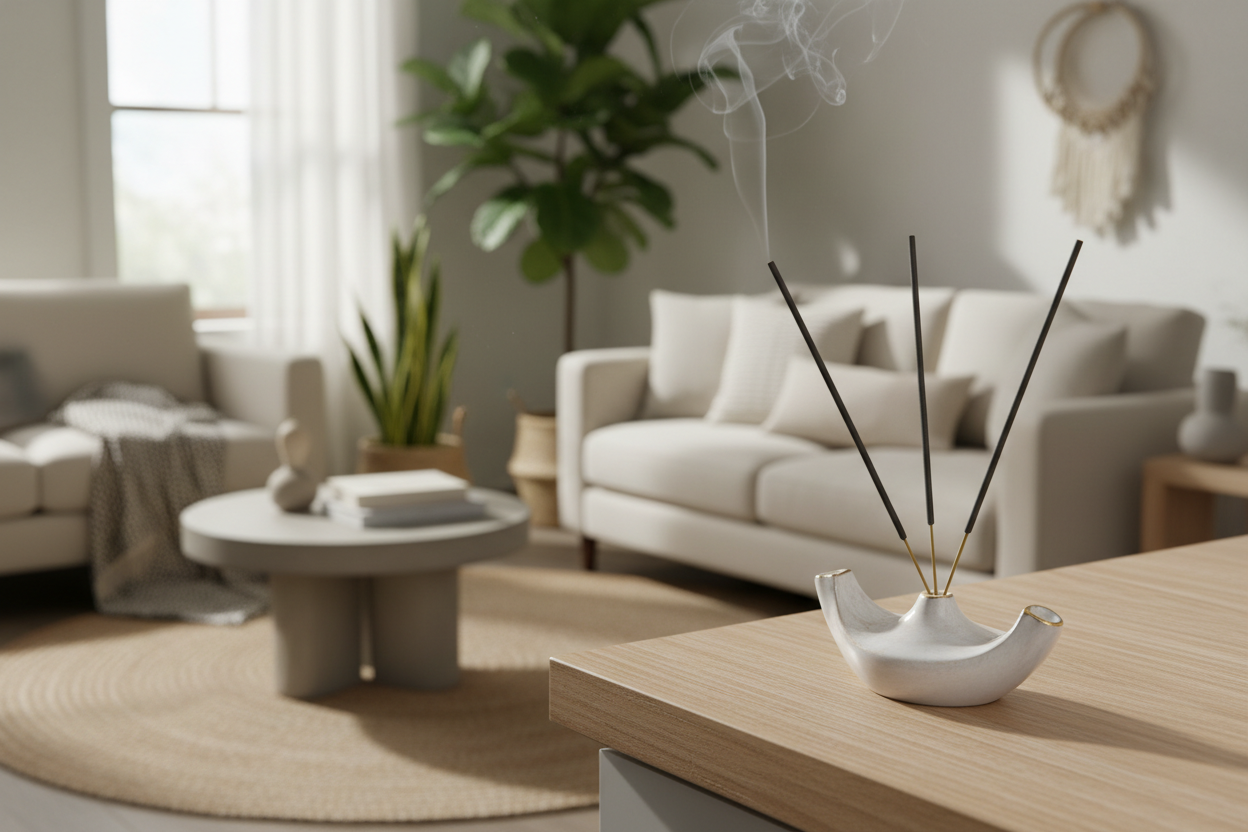 in an incense holder on a counter in a calming living room space