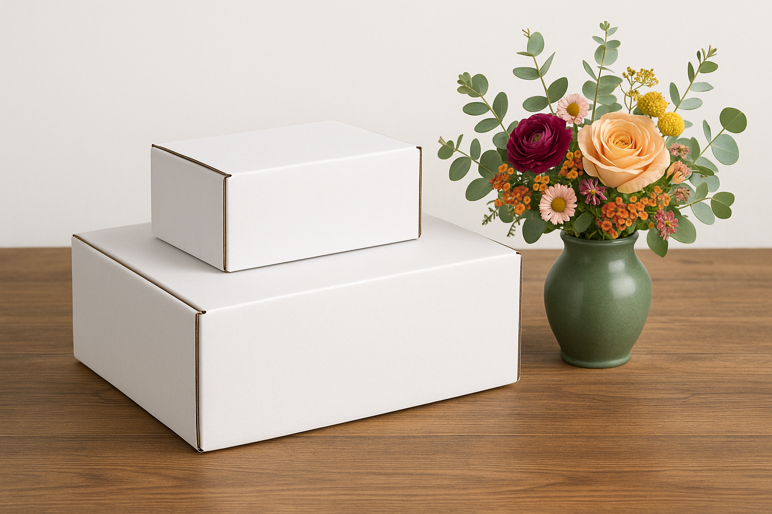 2 white closed mailer boxes sitting on a medium tone wooden table top one above the other. Next to these boxes is a green vase with a beautiful flower arrangement . The dimensions of the first box is 10in long 6 in wide and 3 inches high. The dimensions of the second box is 12in long, 9 in wide and 4 in high. 